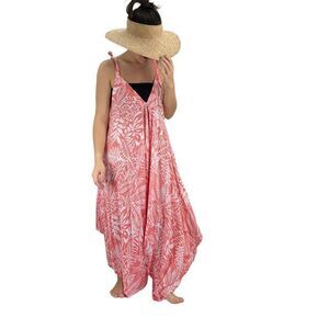 Po`a‘lima Coral White Tropical Floral Boho Wide Leg Beach Summer Romper